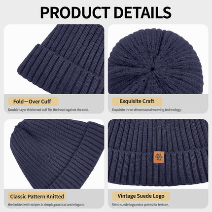 Unisex navy blue warm knitted winter hat, fleece lining, soft and warm, ski hat, narrow brim, suitable for cold weather.