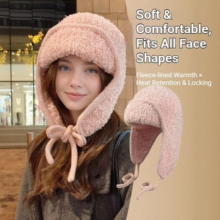 Women Sherpa Aviator Beanie - Warm Earflap Knit Hat Black