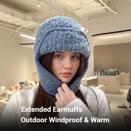 Women Sherpa Aviator Beanie - Warm Earflap Knit Hat Black