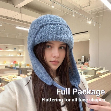 Women Sherpa Aviator Beanie - Warm Earflap Knit Hat Blue