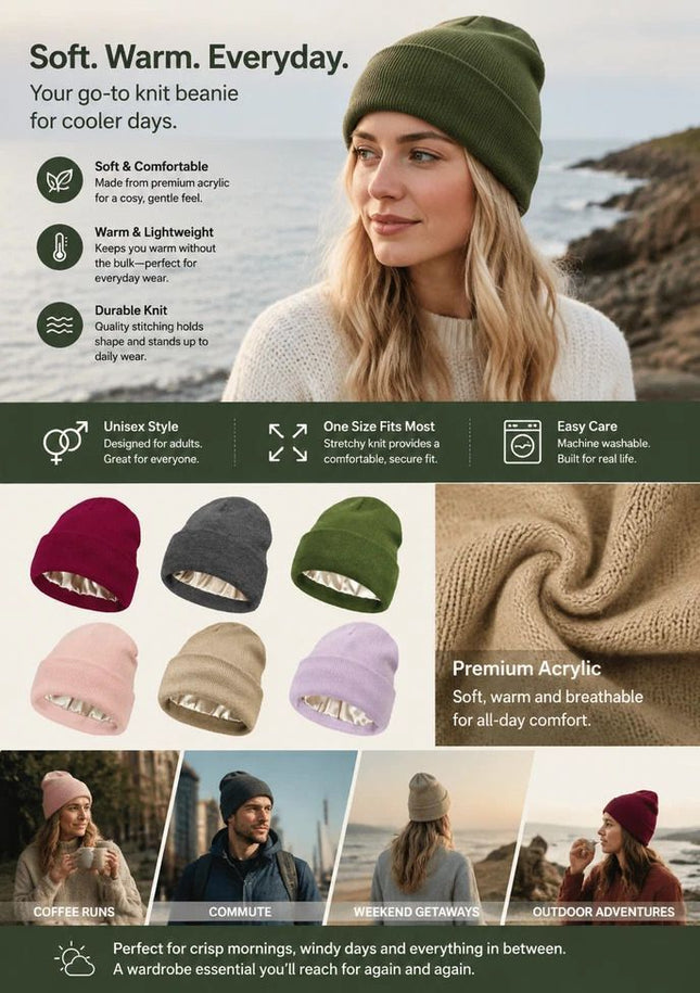Grey Knitted Beanie Soft Warm Solid Color Winter Hat 1Pc