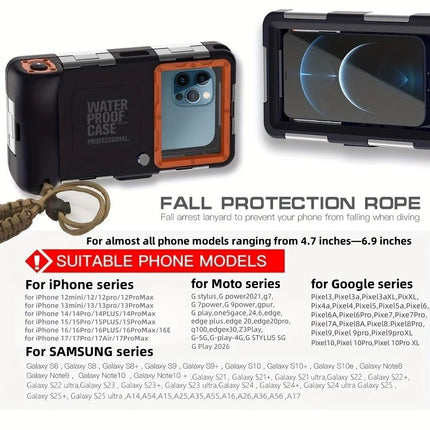 15m Waterproof Phone Case for Diving & Surfing - 1 Hour Underwater Shooting, Dual Seal, Zinc Alloy Buckle, Fits iPhone Samsung Xiaomi up to 6.9 Inch(black+black)
