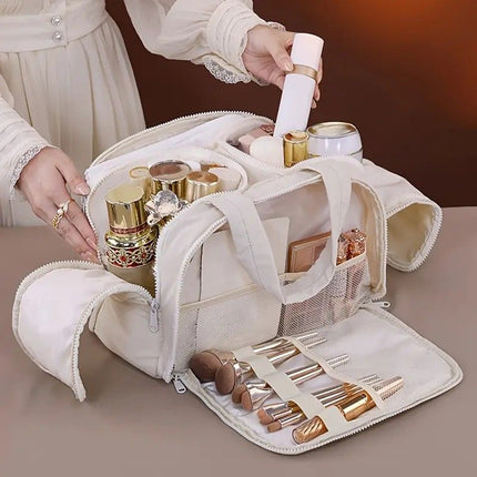 Travel Toiletry & Makeup Bag – Large Capacity Organiser Wash Bag with Compartments(beige)