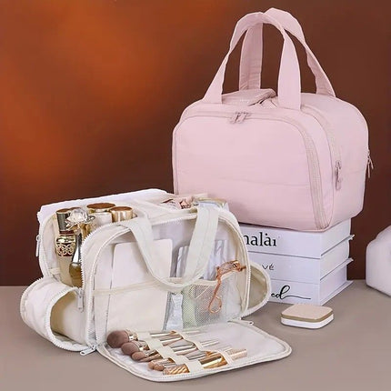 Travel Toiletry & Makeup Bag – Large Capacity Organiser Wash Bag with Compartments(beige)