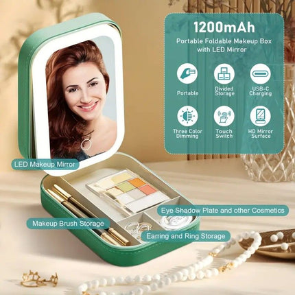 Portable 3-Light LED Makeup Mirror with Organizer – Travel Vanity Case, Rechargeable Touch Control Makeup Box for Home & Travel(green)
