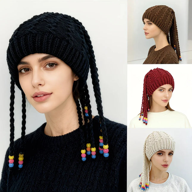 Hand Knitted Braided Tassel Beanie Hat, Adorned with Colorful Beads for a Playful and Cute Look, Combining Vintage Warmth with Style – The Perfect Autumn and Winter Outfit Accent./black