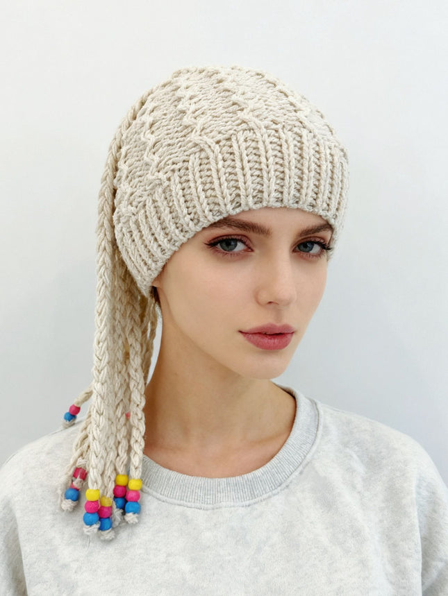 Hand Knitted Braided Tassel Beanie Hat, Adorned with Colorful Beads for a Playful and Cute Look, Combining Vintage Warmth with Style – The Perfect Autumn and Winter Outfit Accent./beige