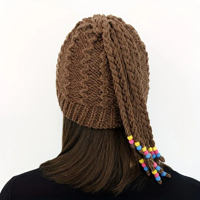 Hand Knitted Braided Tassel Beanie Hat, Adorned with Colorful Beads for a Playful and Cute Look, Combining Vintage Warmth with Style – The Perfect Autumn and Winter Outfit Accent./coffee color