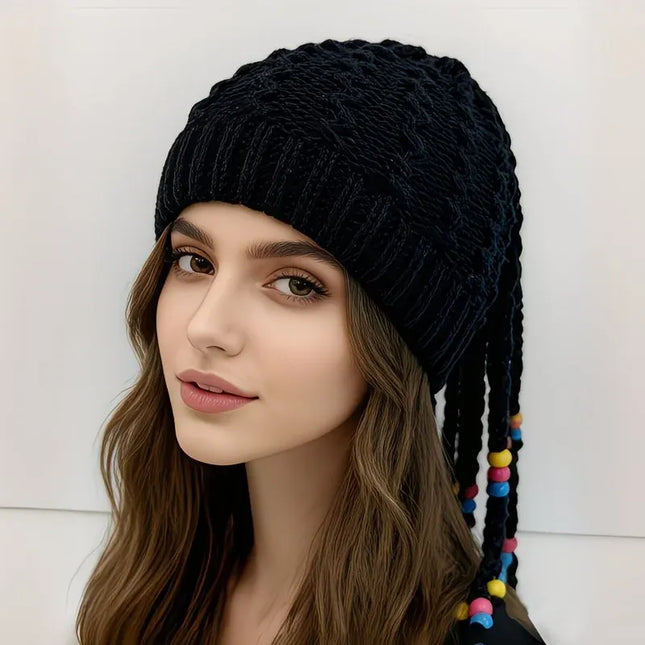 Hand Knitted Braided Tassel Beanie Hat, Adorned with Colorful Beads for a Playful and Cute Look, Combining Vintage Warmth with Style – The Perfect Autumn and Winter Outfit Accent./claret-red