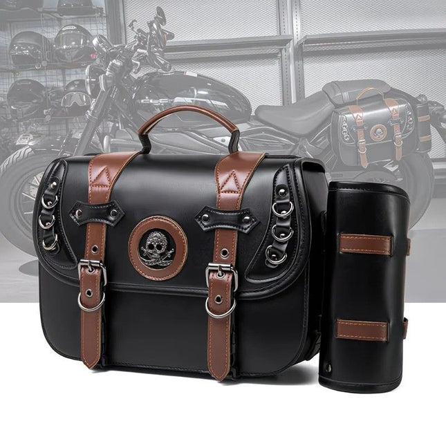 Motorcycle retro rear seat bag + detachable side bags, PU leather waterproof and wear-resistant, black and brown color scheme with skull emblem, practical storage and motorcycle decoration.