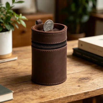 Oil Nubuck Leather Barrel Piggy Bank, Top-Grain Cowhide Plain Design, Zipper Closure Portable（coffee color）