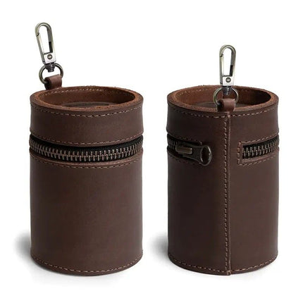Oil Nubuck Leather Barrel Piggy Bank, Top-Grain Cowhide Plain Design, Zipper Closure Portable（coffee color）