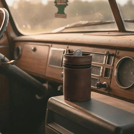 Oil Nubuck Leather Barrel Piggy Bank, Top-Grain Cowhide Plain Design, Zipper Closure Portable（coffee color）