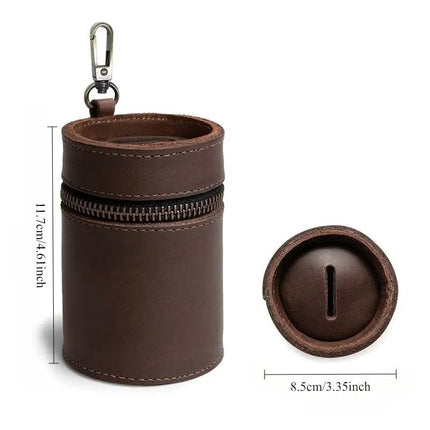 Oil Nubuck Leather Barrel Piggy Bank, Top-Grain Cowhide Plain Design, Zipper Closure Portable（coffee color）