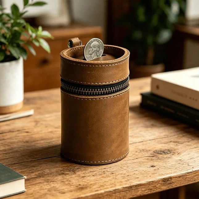 Oil Nubuck Leather Barrel Piggy Bank, Top-Grain Cowhide Plain Design, Zipper Closure Portable（brown）