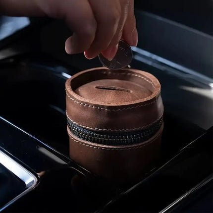 Oil Nubuck Leather Barrel Piggy Bank, Top-Grain Cowhide Plain Design, Zipper Closure Portable（brown）