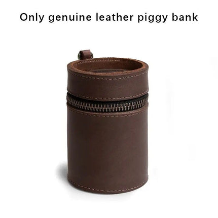 Oil Nubuck Leather Barrel Piggy Bank, Top-Grain Cowhide Plain Design, Zipper Closure Portable（brown）
