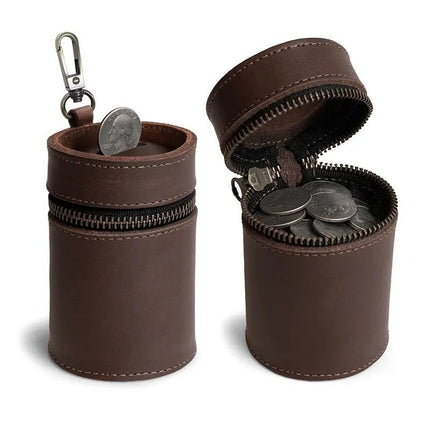 Oil Nubuck Leather Barrel Piggy Bank, Top-Grain Cowhide Plain Design, Zipper Closure Portable（brown）