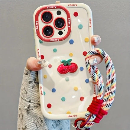 Creamy White Shell Cherry Painting iPhone Case Silicone Drop Protection Full Lens Cover with Lanyard Cute Polka Dot Design(iPhone16plus)