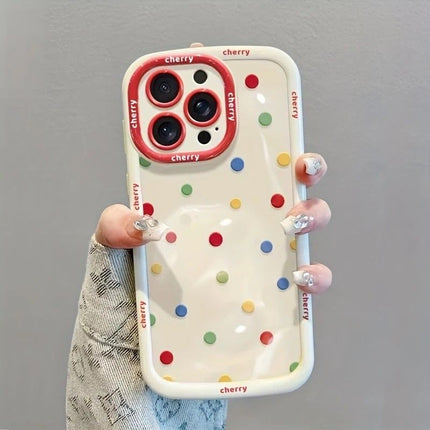 Creamy White Shell Cherry Painting iPhone Case Silicone Drop Protection Full Lens Cover with Lanyard Cute Polka Dot Design(iPhone16plus)