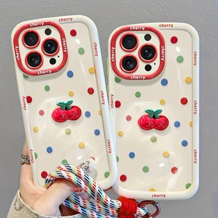 Creamy White Shell Cherry Painting iPhone Case Silicone Drop Protection Full Lens Cover with Lanyard Cute Polka Dot Design(iPhone16plus)