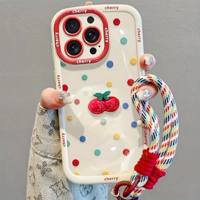 Creamy White Shell Cherry Painting iPhone Case Silicone Drop Protection Full Lens Cover with Lanyard Cute Polka Dot Design(iPhone17 promax)