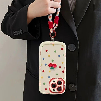 Creamy White Shell Cherry Painting iPhone Case Silicone Drop Protection Full Lens Cover with Lanyard Cute Polka Dot Design(iPhone17 air)