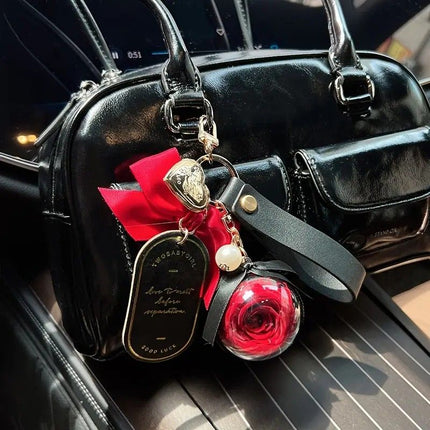 Valentine's Day Preserved Flower Leather Keychain: Romantic and Cute to Carry Around, Perfect for Gifting or Personal Use(RED)