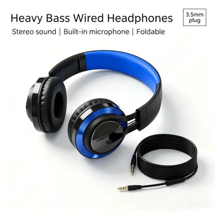 Wired Over-Ear Headset, Portable Folding Heavy Bass Headphones, Built-in Microphone, Compatible with Multiple Devices（black)