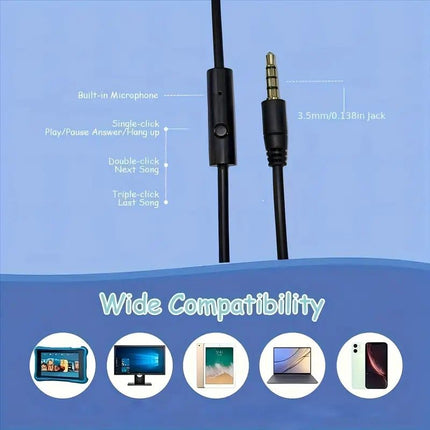 Wired Over-Ear Headset, Portable Folding Heavy Bass Headphones, Built-in Microphone, Compatible with Multiple Devices（black)