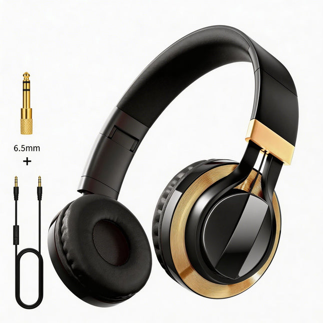 Wired Over-Ear Headset, Portable Folding Heavy Bass Headphones, Built-in Microphone, Compatible with Multiple Devices(Black gold)