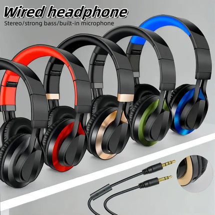 Wired Over-Ear Headset, Portable Folding Heavy Bass Headphones, Built-in Microphone, Compatible with Multiple Devices(Black gold)