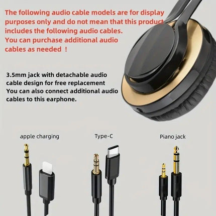 Wired Over-Ear Headset, Portable Folding Heavy Bass Headphones, Built-in Microphone, Compatible with Multiple Devices(Black gold)