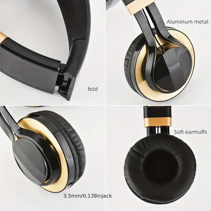 Wired Over-Ear Headset, Portable Folding Heavy Bass Headphones, Built-in Microphone, Compatible with Multiple Devices(Black gold)