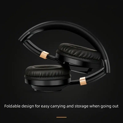 Wired Over-Ear Headset, Portable Folding Heavy Bass Headphones, Built-in Microphone, Compatible with Multiple Devices(Black gold)