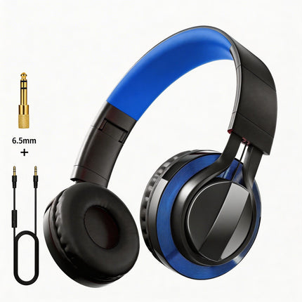 Wired Over-Ear Headset, Portable Folding Heavy Bass Headphones, Built-in Microphone, Compatible with Multiple Devices(black and blue color)