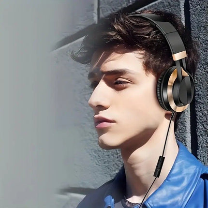 Wired Over-Ear Headset, Portable Folding Heavy Bass Headphones, Built-in Microphone, Compatible with Multiple Devices(black and blue color)