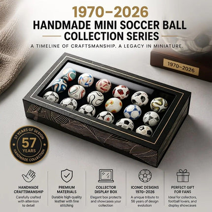 1970-2026 Handmade Mini Football Ornaments, 15 Classic Reproductions, Leather Hand-Stitched, with Acrylic Display Case, Desktop Decoration and Fan Collection Memorabilia.