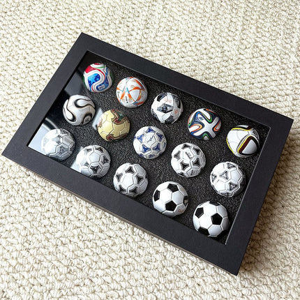 1970-2026 Handmade Mini Football Ornaments, 15 Classic Reproductions, Leather Hand-Stitched, with Acrylic Display Case, Desktop Decoration and Fan Collection Memorabilia.