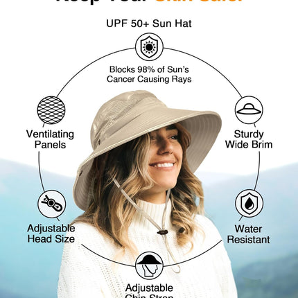 Fishing Hat UPF 50+ Wide Brim Sun Hat for Men and Women, Mens Bucket Hat with UV Protection for Hiking Beach Hats (Khaki