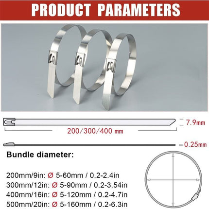100 Pack Stainless Steel Metal Zip Ties Heavy Duty Silver 120kg Strength, 500 x 7.9mm