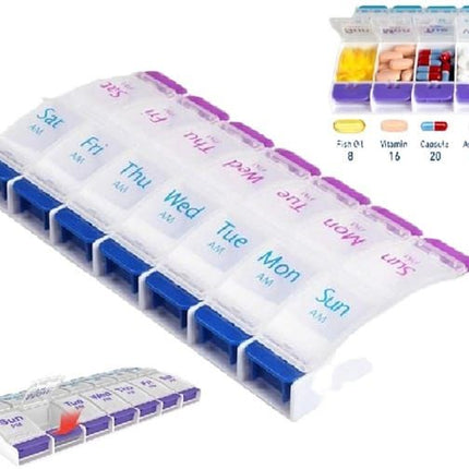 7 Day AM PM Pill Organiser, 14 Compartments Push Button Weekly Medicine Box, BPA Free Portable Pill Case for Vitamins Supplements Medication Travel Home Use