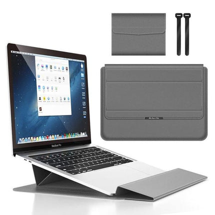 3-in-1 Laptop Sleeve Case with Built-in Stand & Wrist Rest, Waterproof PU Leather Notebook Cover for 13/14 Inch Laptops, Ergonomic Portable Laptop Protective Bag, Gray