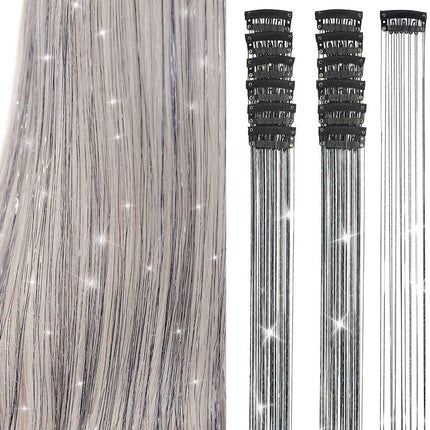 Hair Tinsels Festival Extensions Glitter 12 Piece Clip On Accessory Set 52Cm Long For Christmas And New Year Suitable Women Girls Children (Black)