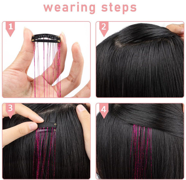 Hair Tinsels Festival Extensions Glitter 12 Piece Clip On Accessory Set 52Cm Long For Christmas And New Year Suitable Women Girls Children (Black)
