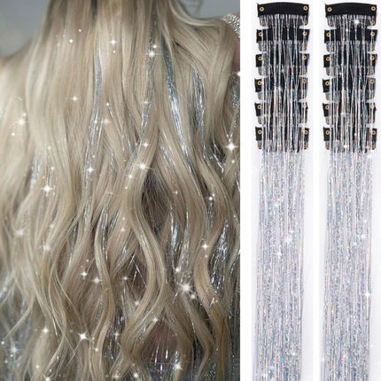 Hair Tinsels Festival Extensions Glitter 12 Piece Clip On Accessory Set 52Cm Long Christmas And New Year Suitable For Women Girls Children (Silver)