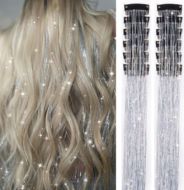 Hair Tinsels Festival Extensions Glitter 12 Piece Clip On Accessory Set 52Cm Long Christmas And New Year Suitable For Women Girls Children (Silver)
