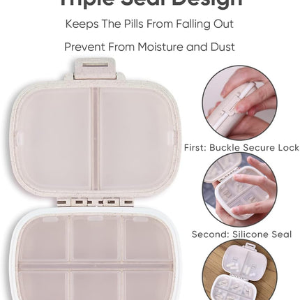 Travel Pill Organizer, 8 Compartments Portable Pill Case, Daily Pill Box to Hold Vitamins, Small Pill Container for Pocket Purse Medicine Organizer（Khaki）
