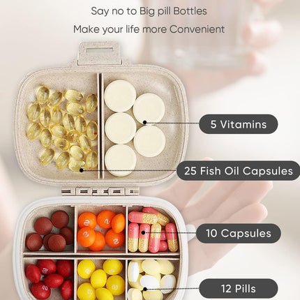 Travel Pill Organizer, 8 Compartments Portable Pill Case, Daily Pill Box to Hold Vitamins, Small Pill Container for Pocket Purse Medicine Organizer（Khaki）