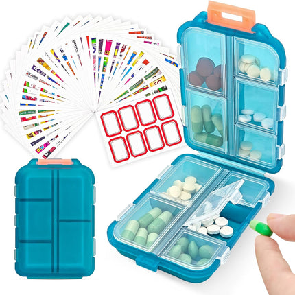Pill Organizer with Medicine Labels, 10 Compartments Travel Pill Box with Removable Labels, Portable Foldable Supplement Box Holder for Fish Oil Vitamin